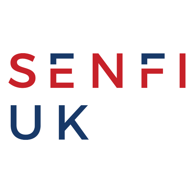 SENFI logo with red and blue writing in capital letters